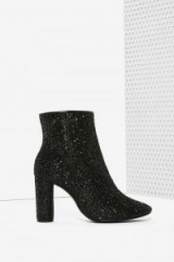 Crosswalk stardust glitter bootie – black. High heeled ankle boots / embellished booties / womens footwear