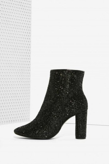 Crosswalk stardust glitter bootie – black. High heeled ankle boots / embellished booties / womens footwear - flipped