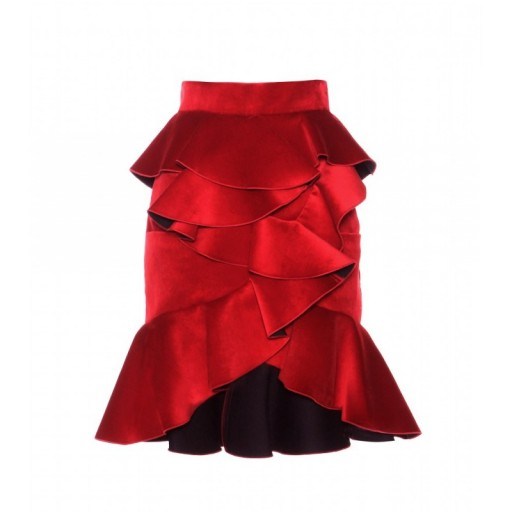 BALMAIN Ruffled velvet miniskirt rouge / red ~ ruffle style skirts ~ designer clothes ~ luxury fashion - flipped