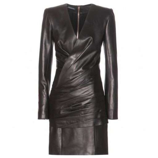 BALMAIN Ruched leather mini dress black ~ designer dresses ~ luxury fashion - flipped