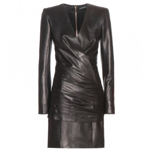 BALMAIN Ruched leather mini dress black ~ designer dresses ~ luxury fashion