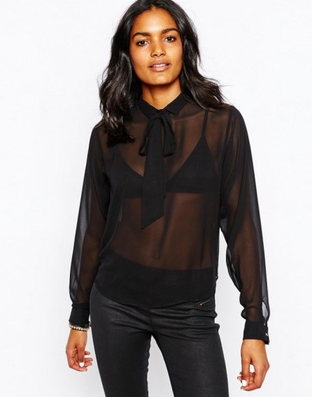 Diesel Button Back Chiffon Tie Neck Blouse. Womens tops | pussy bow blouses | sheer shirts - flipped