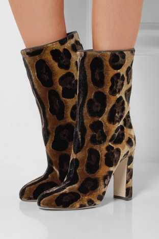 DOLCE & GABBANA Leopard-print velvet boots. Mid calf boots – animal prints – designer footwear – block heeled – high heels - flipped