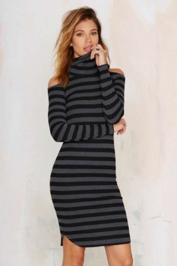 Earn Your Stripes Turtleneck dress – black & grey. Autmn-winter fashion / cold shoulder dresses / cut outs / striped prints - flipped