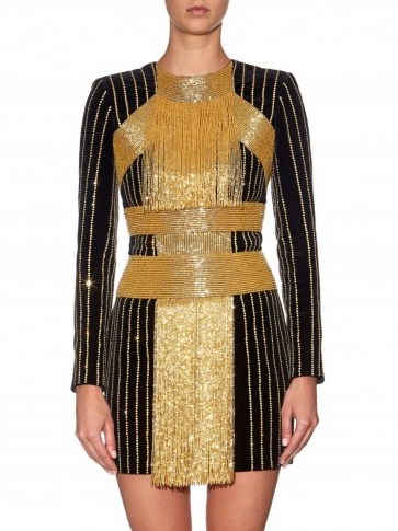 Balmain embellished velvet dress – as worn by Elena Perminova at the Balmain after party during PFW S/S 2016, October 2015. Celebrity fashion | star style | black and gold designer dresses | what celebrities wear - flipped