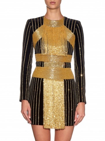 Balmain embellished velvet dress – as worn by Elena Perminova at the Balmain after party during PFW S/S 2016, October 2015. Celebrity fashion | star style | black and gold designer dresses | what celebrities wear