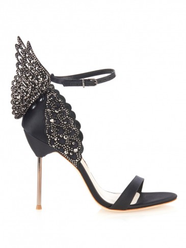 SOPHIA WEBSTER Evangeline angel-wing satin sandals black – as worn by Ellie Goulding at the 2015 MTV EMAs held in Milan, Italy, 25 October 2015. Celebrity fashion | star style | what celebrities wear | designer embellished shoes