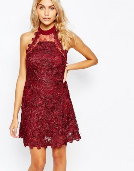 Fashion Union Lace Skater Dress with Mesh Back red. Party dresses – going out fashion – evening wear - flipped