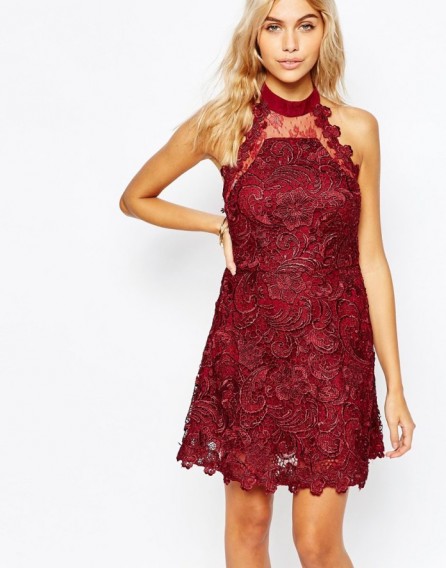 Fashion Union Lace Skater Dress with Mesh Back red. Party dresses – going out fashion – evening wear