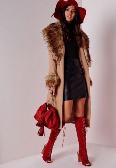 Missguided faux fur collar and cuff detail wool coat camel – warm outerwear – winter coats - flipped