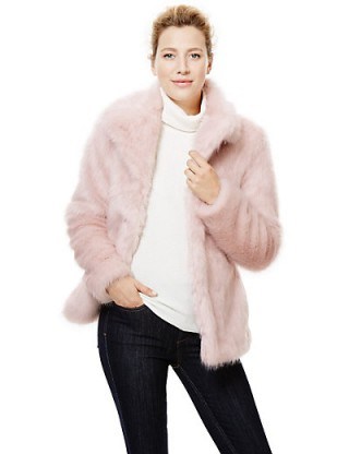 M&S COLLECTION New Faux Fur Glossy Overcoat pale pink. Warm winter jackets – womens fluffy coats – Marks & Spencer clothing - flipped