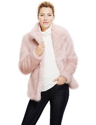 M&S COLLECTION New Faux Fur Glossy Overcoat pale pink. Warm winter jackets – womens fluffy coats – Marks & Spencer clothing