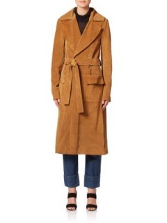 FRAME DENIM Le Suede Duster Coat Camel – as worn by Gigi Hadid out in Paris, October 2015. Celebrity fashion | star style | belted coats | what celebrities wear - flipped