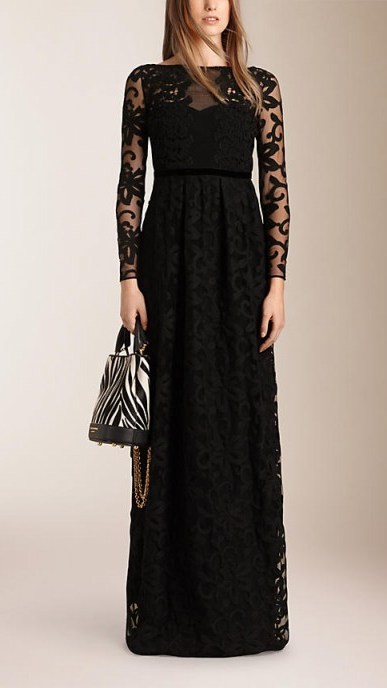 BURBERRY PRORSUM – FLORAL LACE SHEER PANEL GOWN in Black ~ luxury gowns ~ special occasion dresses ~ designer fashion - flipped