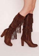 Missguided fringed knee high heeled boots tan – brown faux suede boots – winter footwear
