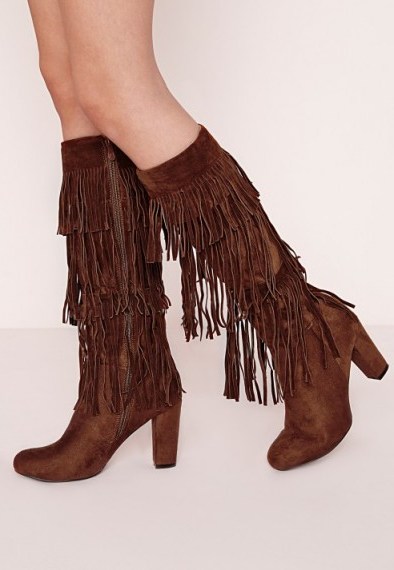 Missguided fringed knee high heeled boots tan – brown faux suede boots – winter footwear - flipped