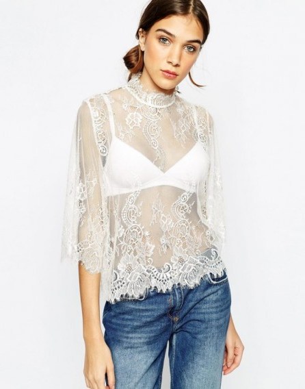 Ganni Victoriana Lace Blouse in vanilla ice. Sheer blouses | womens floral lace tops - flipped