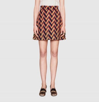GUCCI chevron jacquard a-line skirt – as worn by Ellie Goulding, 7 October 2015. Celebrity fashion | star style | 70s style skirts | what celebrities wear - flipped