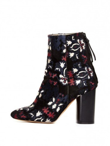 ISABEL MARANT Guya embroidered suede ankle boots. Designer footwear – luxury high heeled boots – block heel - flipped