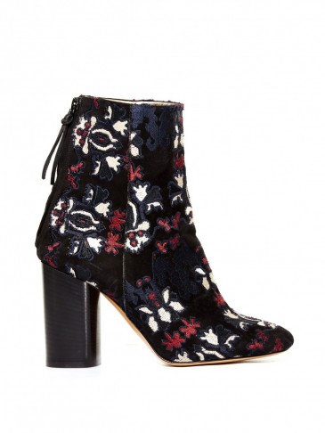 ISABEL MARANT Guya embroidered suede ankle boots. Designer footwear – luxury high heeled boots – block heel