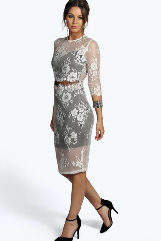 boohoo Haley Boutique Sheer Panel Lace Midi Dress ivory. Evening glamour ~ floral party dresses ~ going out fashion