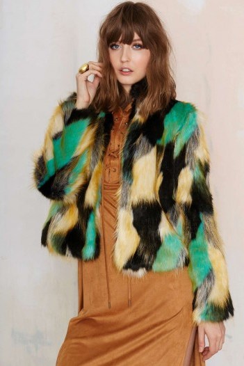 Heating Up Faux Fur Jacket. 70s style jackets – warm winter coats – multicoloured fluffy outerwear - flipped