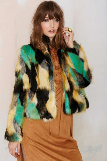 Heating Up Faux Fur Jacket. 70s style jackets – warm winter coats – multicoloured fluffy outerwear