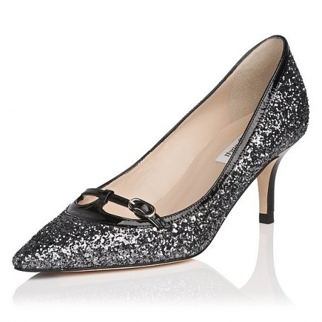 L.K. Bennett Heidi Glitter Court in silver / pewter – as worn by Zooey Deschanel at Rock The Kasbah New York premiere, 19 October 2015. Celebrity fashion | star style | mid heel courts | occasion shoes | what celebrities wear - flipped