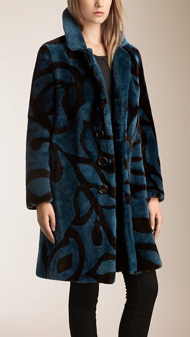 Burberry Prorsum INTARSIA SHEARLING TOP COAT mineral blue. Winter coats – designer outerwear – warm fashion - flipped