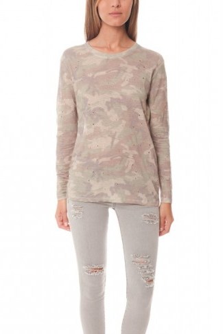 IRO Marvina Camo Long Sleeve Tee – as worn by model Gigi Hadid out in New York, 21 October 2015. Celebrity fashion | models style | designer t-shirts – casual tees | what celebrities wear - flipped