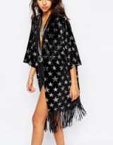 Jaded London Velvet Kimono With All Over Glitter Star Print in black. Velvet printed kimonos | womens lightweight jackets | fringed tops | boho style fashion