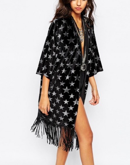 Jaded London Velvet Kimono With All Over Glitter Star Print in black. Velvet printed kimonos | womens lightweight jackets | fringed tops | boho style fashion - flipped