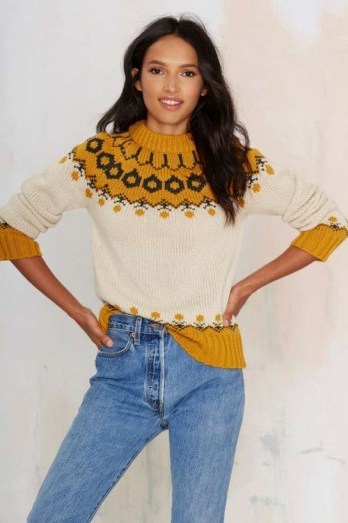 Joa Malia mock neck sweater – beige & mustard. Womens knitwear / knitted sweaters / chunky jumpers / casual weekend style / warm winter fashion - flipped