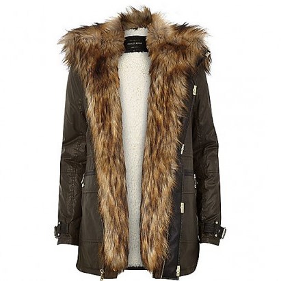 River Island Khaki faux fur trim parka jacket. Winter coats / womens warm jackets / casual fashion - flipped