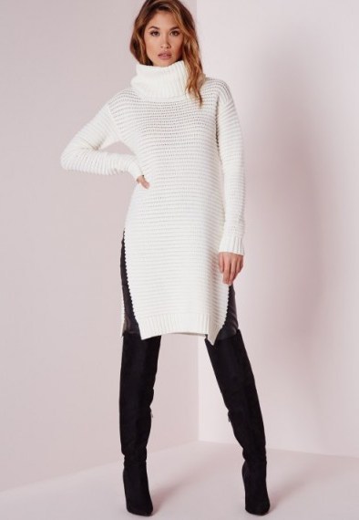 Missguided knitted chunky turtle neck jumper cream – winter fashion – long high neck jumpers – longline sweaters – knitted tops - flipped