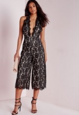 Luxe style ~ Missguided lace halterneck culotte jumpsuit black. Luxury looking jumpsuits ~ evening fashion ~ plunge neckline