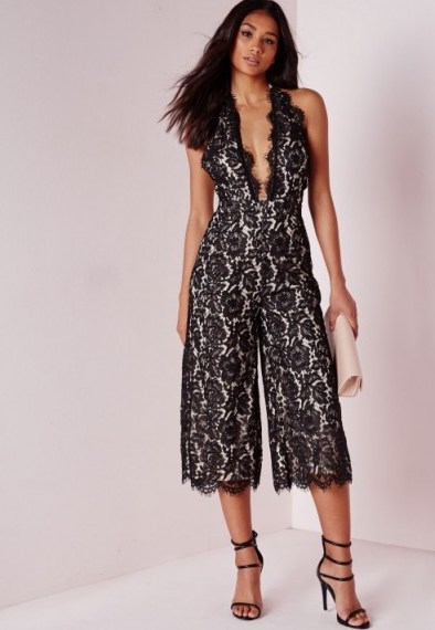 Luxe style ~ Missguided lace halterneck culotte jumpsuit black. Luxury looking jumpsuits ~ evening fashion ~ plunge neckline - flipped