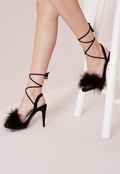 Missguided lace up feather heeled sandals black – pretty party shoes – stiletto high heels – going out glamour – feathered footwear – feathers – evening fashion – parties - flipped