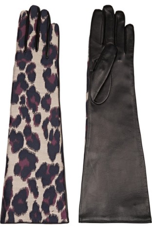 LANVIN Leopard-print twill and leather gloves. Elbow length – long animal printed gloves – leopard prints – designer accessories – winter fashion – 50s retro style