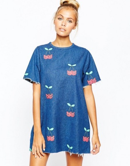 Lazy Oaf Denim Boxy T-Shirt Dress With Cherry Print blue. Casual fashion | frayed trim dresses - flipped