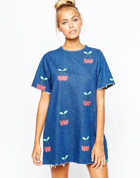 Lazy Oaf Denim Boxy T-Shirt Dress With Cherry Print blue. Casual fashion | frayed trim dresses