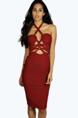 boohoo Lena Strappy Front Detail Midi Bodycon Dress berry. Party glamour ~ going out fashion ~ red evening dresses