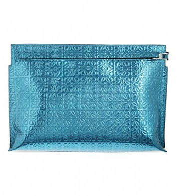 LOEWE Logo embossed large metallic pouch – designer clutch bags – evening handbags – blue metallics - flipped