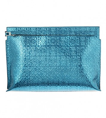 LOEWE Logo embossed large metallic pouch – designer clutch bags – evening handbags – blue metallics