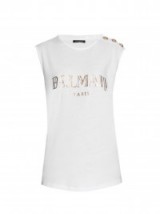 BALMAIN Logo-print cotton tank top white ~ designer tees ~ luxury tanks ~ t-shirts ~ sleeveless tops