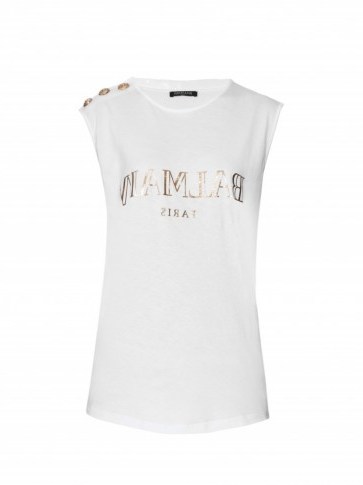 BALMAIN Logo-print cotton tank top white ~ designer tees ~ luxury tanks ~ t-shirts ~ sleeveless tops - flipped