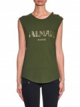 BALMAIN Logo-print cotton-jersey tank top khaki green ~ designer tees ~ womens luxury tanks ~ t-shirts