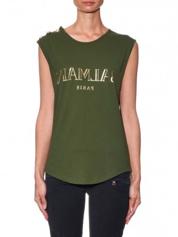 BALMAIN Logo-print cotton-jersey tank top khaki green ~ designer tees ~ womens luxury tanks ~ t-shirts - flipped