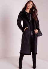 Missguided longline faux shearling jacket black. Autumn style – winter fur coats – warm outerwear