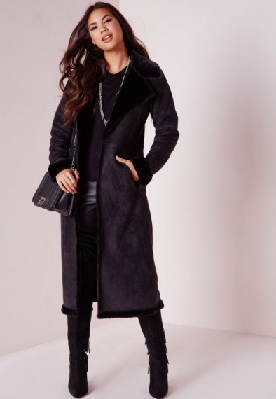 Missguided longline faux shearling jacket black. Autumn style – winter fur coats – warm outerwear - flipped